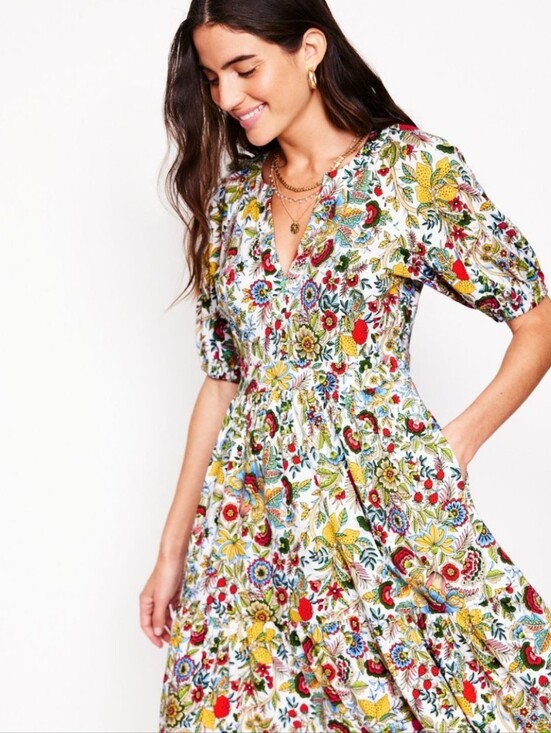 Boden Dresses & Skirts - Boden Piper Fruit Print Short Sleeve Tiered Hem Cotton Blend Jersey Dress Sz 12